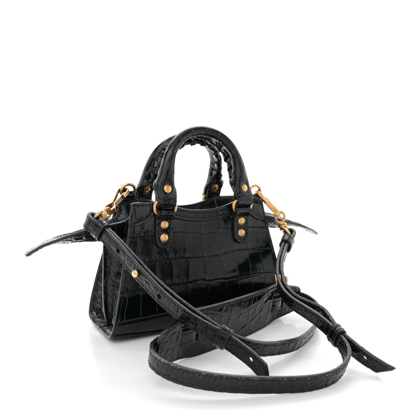 Shiny Supple Calfskin Crocodile Embossed Neo Classic Gold Hardware Nano City Crossbody Black