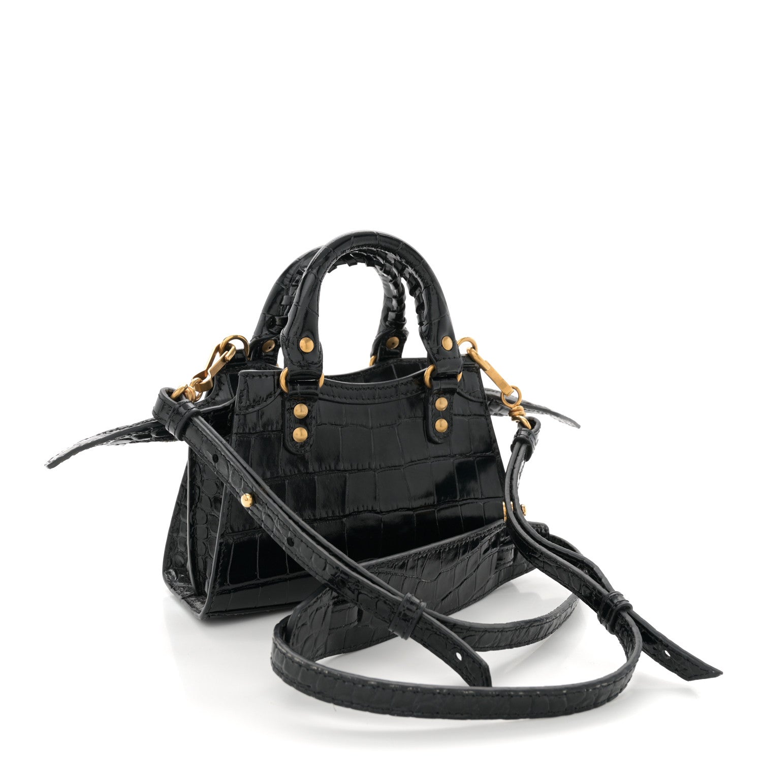 Balenciaga Shiny Supple Calfskin Crocodile Embossed Neo Classic Gold Hardware Nano City Crossbody Black 3 of 11