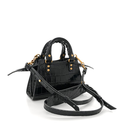 Balenciaga Shiny Supple Calfskin Crocodile Embossed Neo Classic Gold Hardware Nano City Crossbody Black 3 of 11