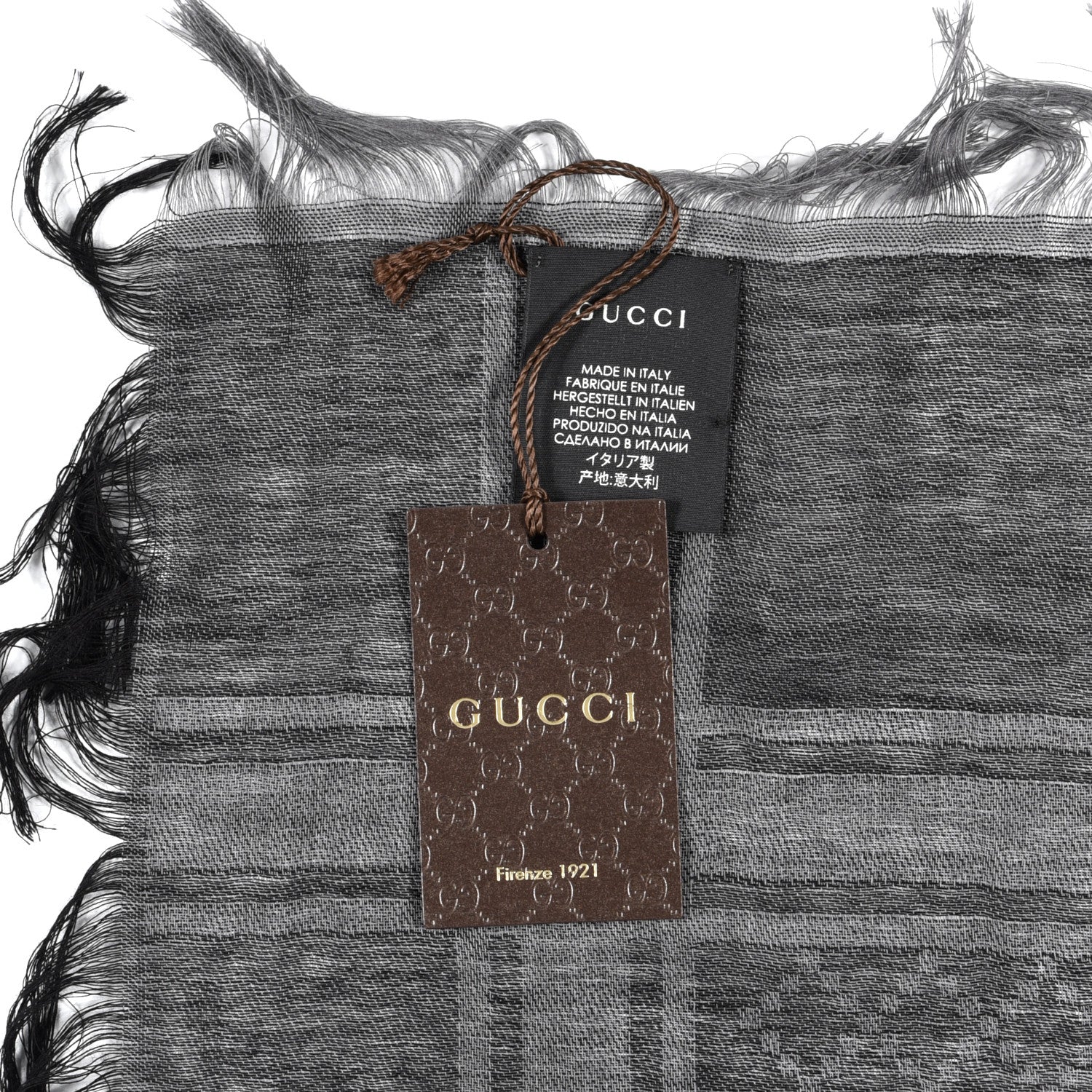 Gucci Wool Silk GG Monogram Diamante Plaid Cavendish Square Shawl Black Grey 4 of 4