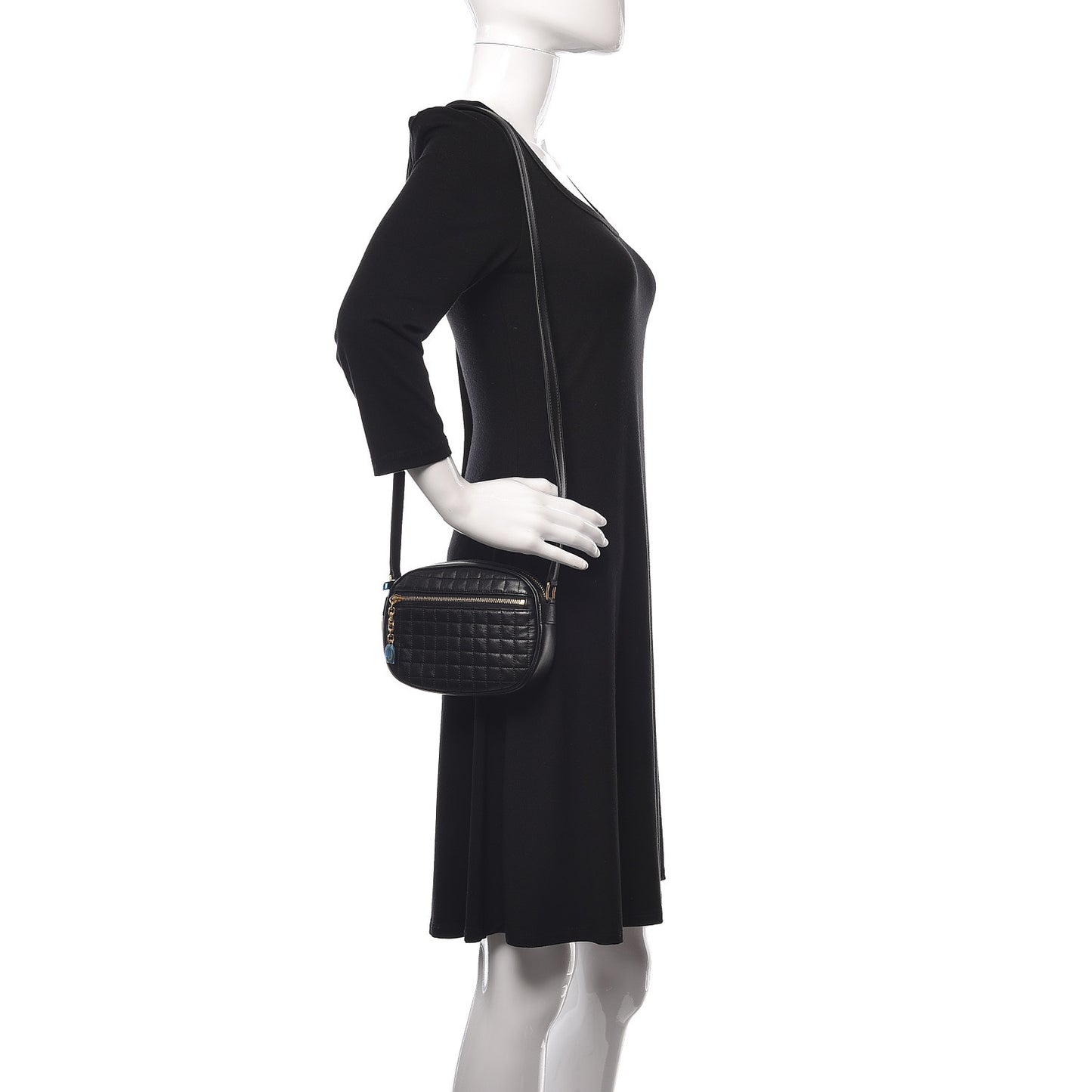 Calfskin Quilted Small C Charm Bag Black