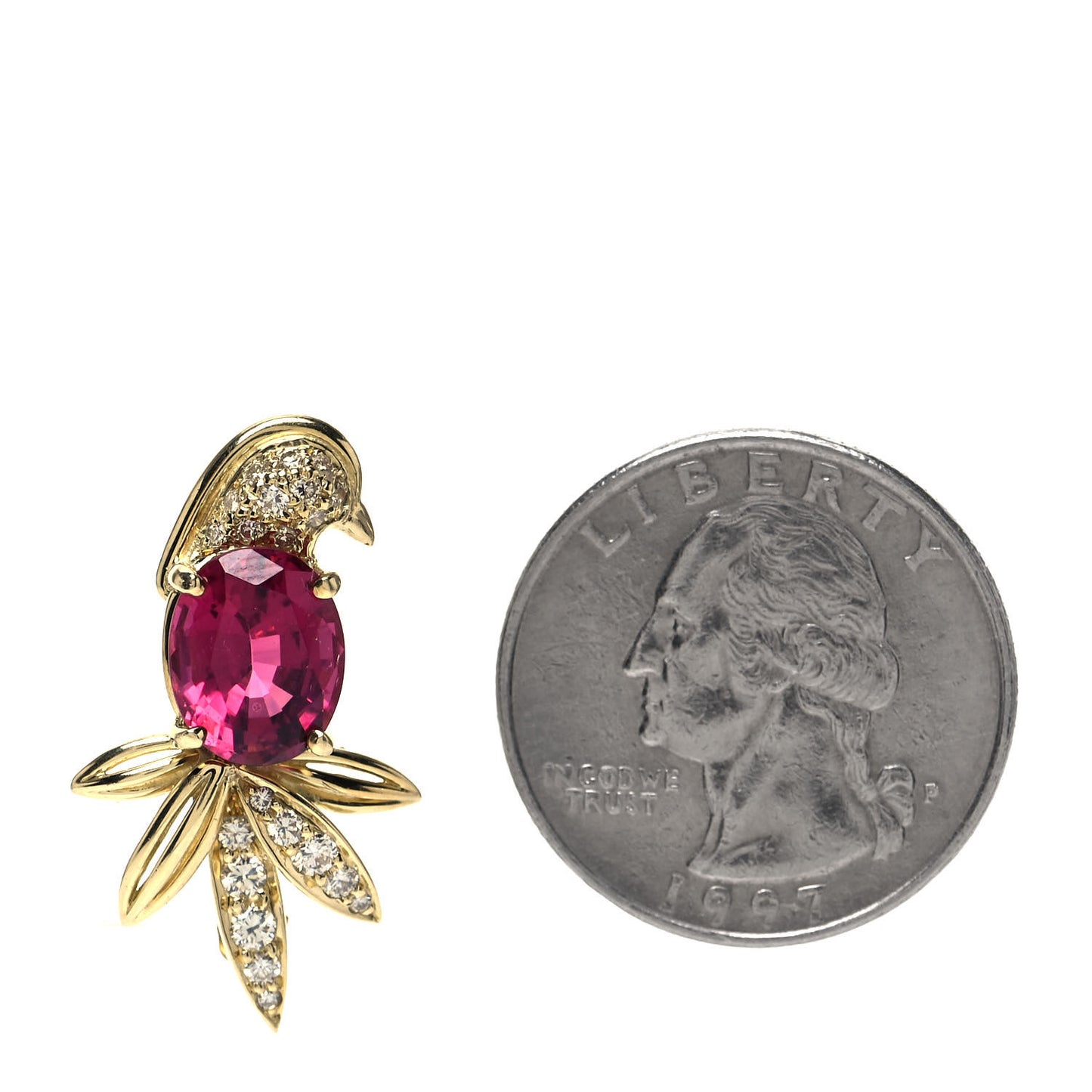 18K Yellow Gold Diamond Pink Tourmaline Bird Brooch Pin