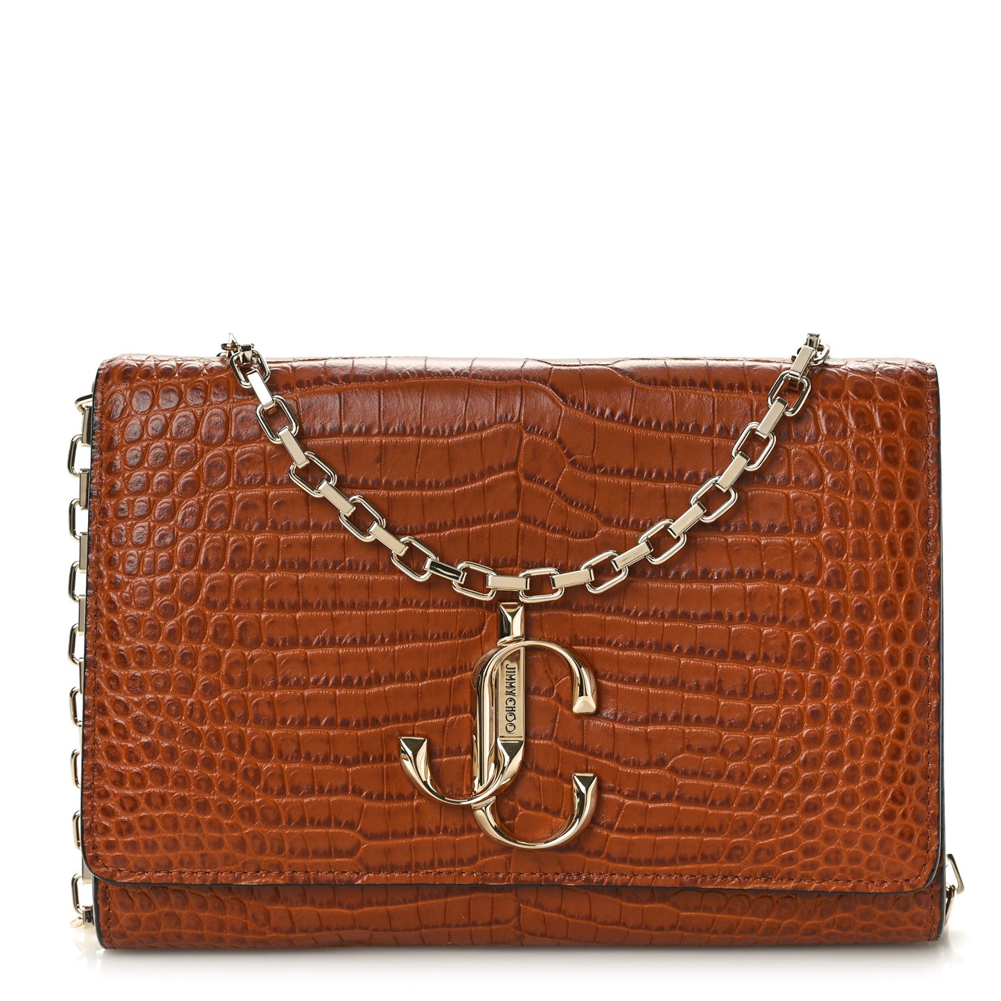 Calfskin Crocodile Embossed Varenne Chain Clutch Cuoio