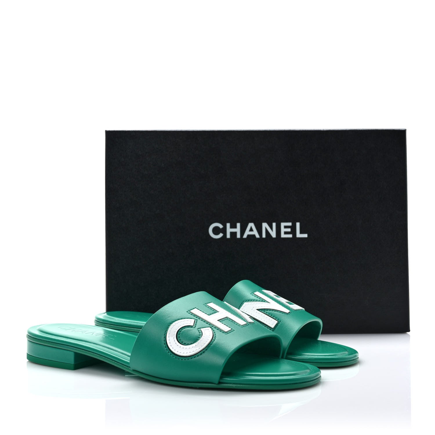 Chanel Calfskin Patent Calfskin Logo Mules 39 Green White 8 of 8