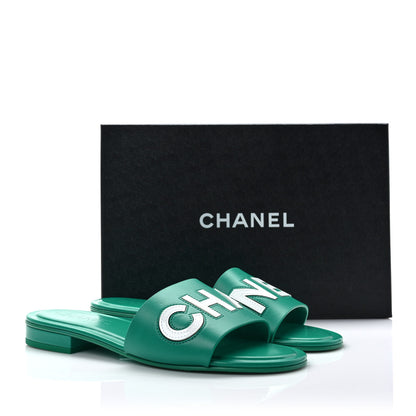 Chanel Calfskin Patent Calfskin Logo Mules 39 Green White 8 of 8