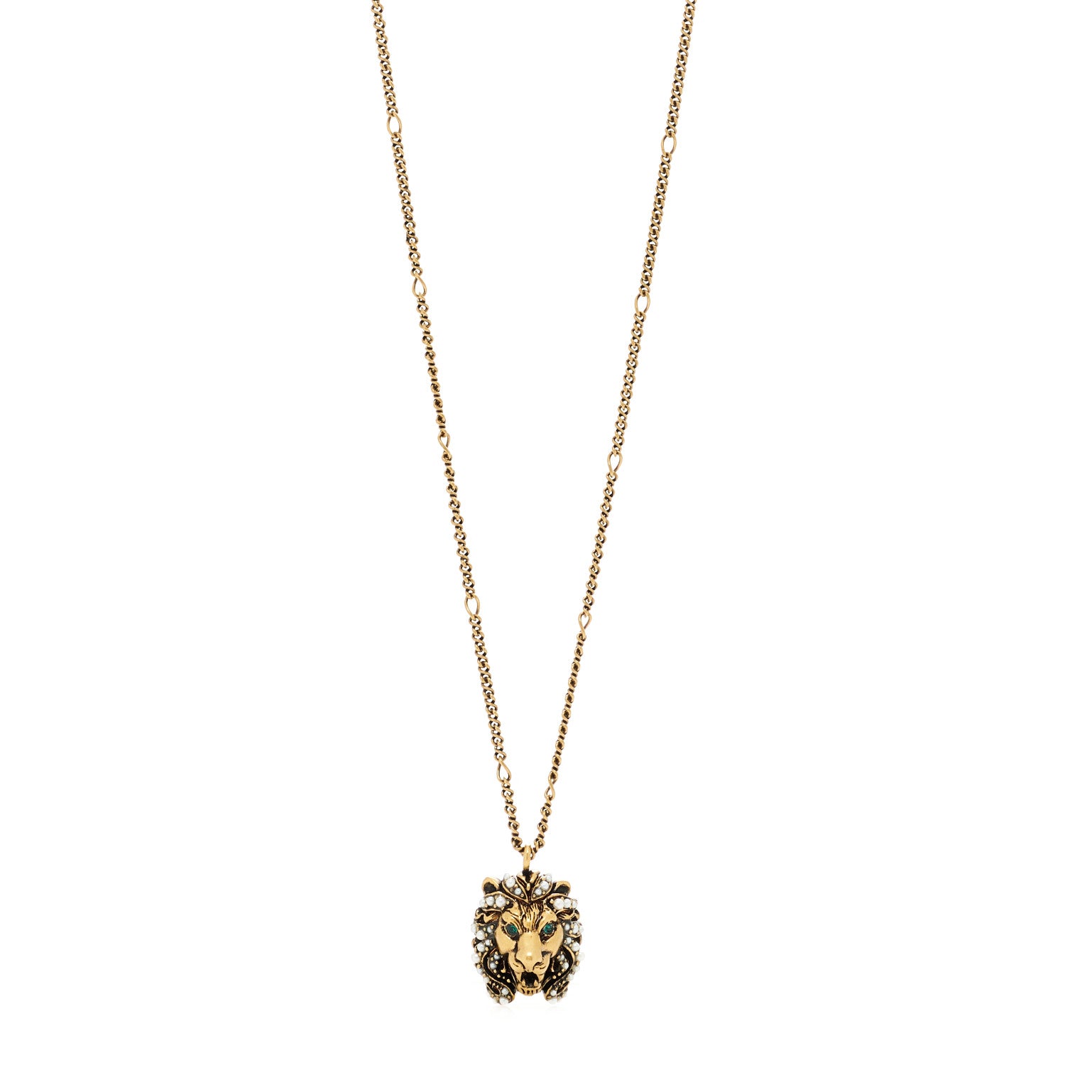 Gucci Metal Pearl Crystal Lion Head Necklace Aged Gold Multicolor 1 of 5