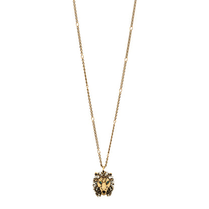 Gucci Metal Pearl Crystal Lion Head Necklace Aged Gold Multicolor 1 of 5