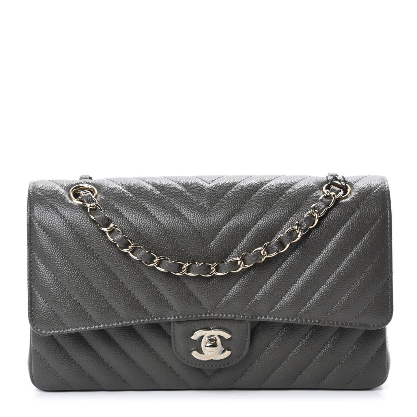 Caviar Chevron Quilted Medium Double Flap Dark Grey