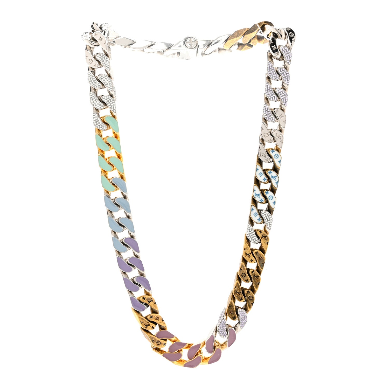 Louis Vuitton Metal Enamel Crystal Soapy Chain Necklace Silver Gold 3 of 7