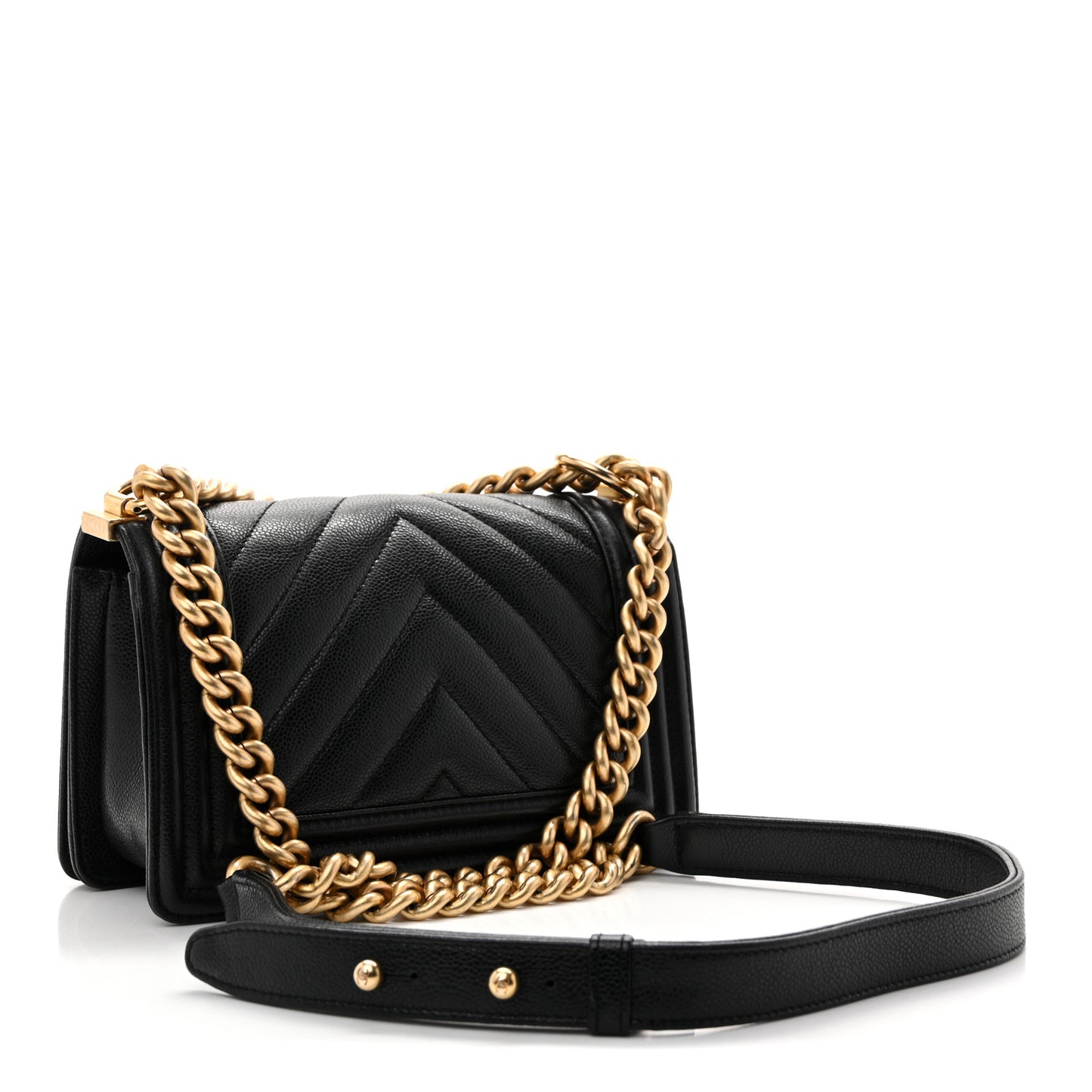 Caviar Chevron Quilted Small Boy Flap Black