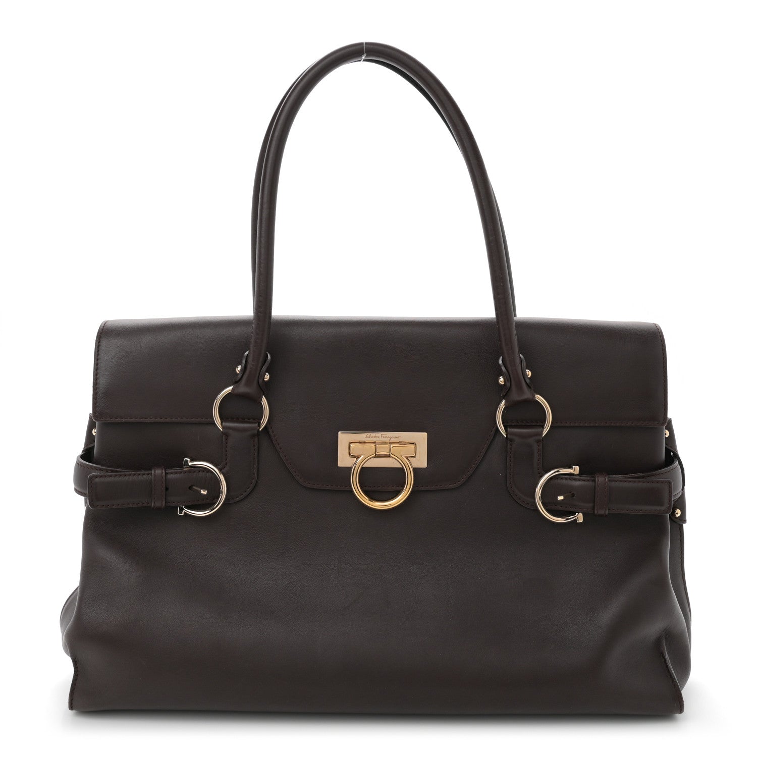 Salvatore Ferragamo Calfskin Gancini Top Handle Satchel Brown 1 of 12