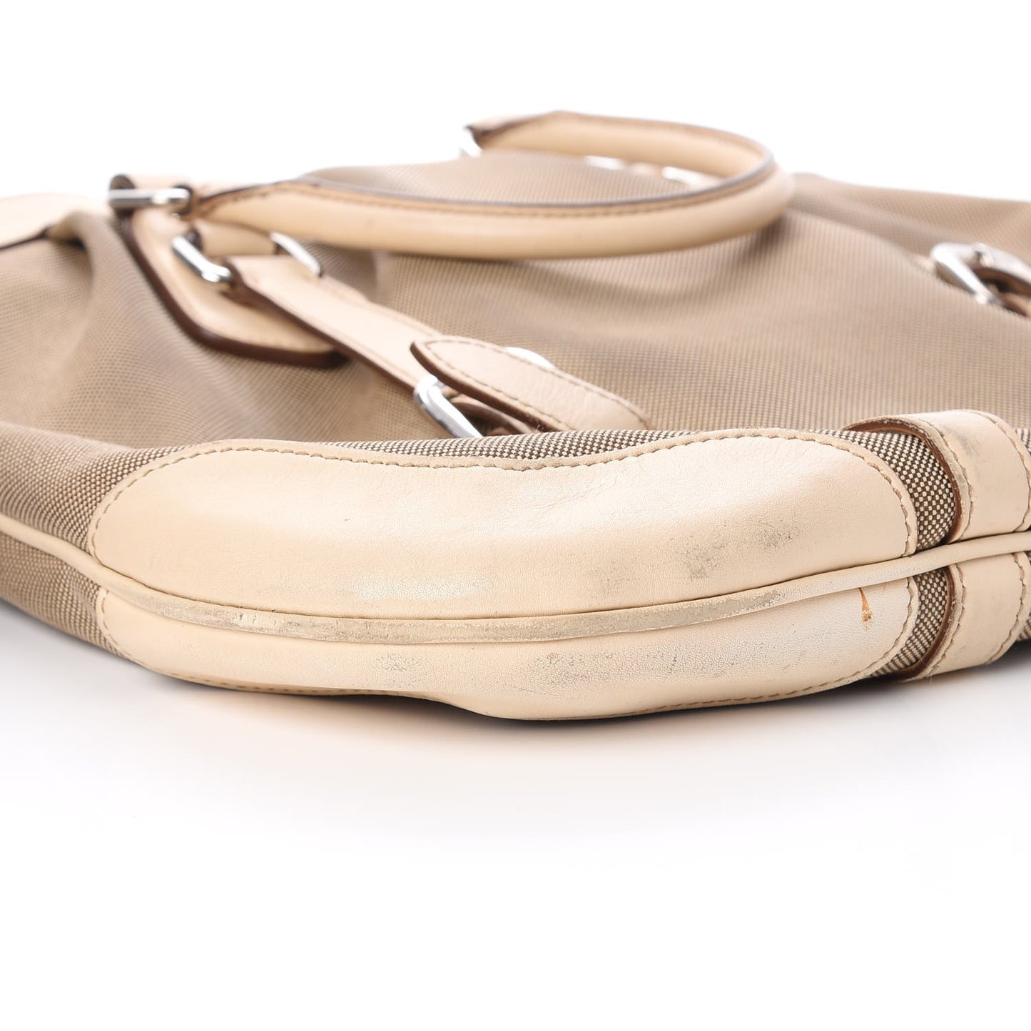 Jacquard Logo Frame Buckle Handbag Tote Bag Beige White