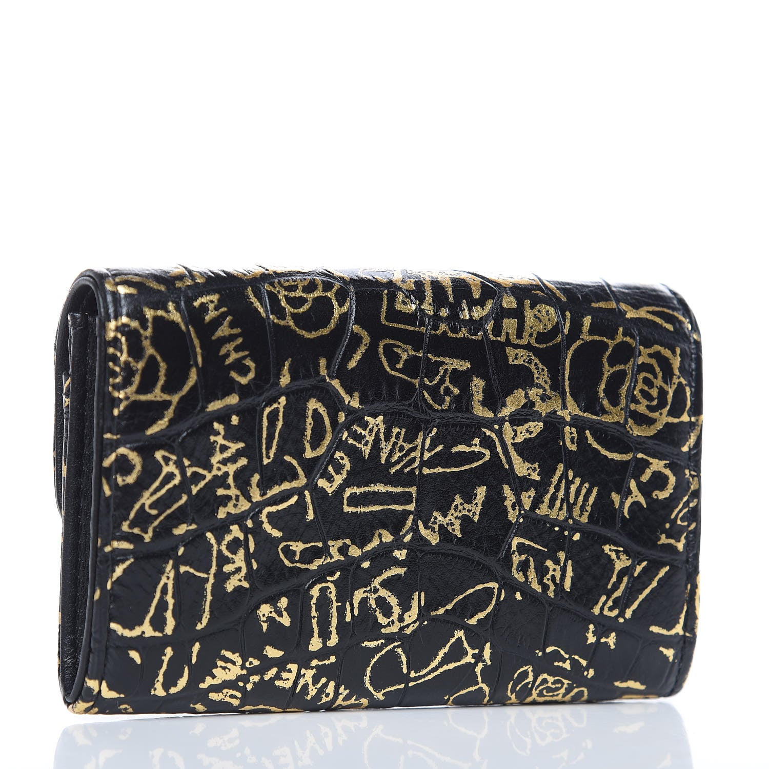 Chanel Calfskin Crocodile Embossed Graffiti 2.55 Cocodile Reissue Flap Card Holder Black Gold 3 of 9