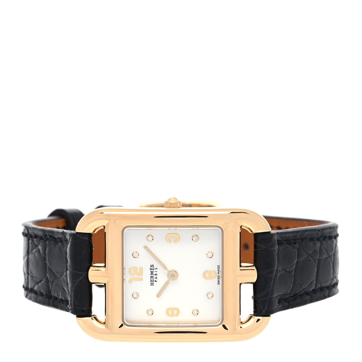 Hermes 18K Yellow Gold Alligator Diamond Mother of Pearl 23mm Cape Cod Quartz Watch Noir 2 of 5