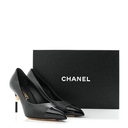 Chanel Goatskin Patent Calfskin Cap Toe CC Pearl Pumps 36.5 Black 10 of 10