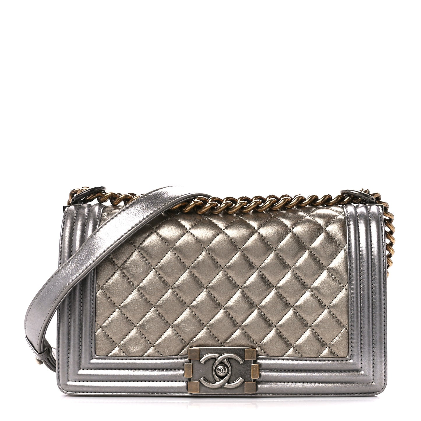 Metallic Calfskin Quilted Medium Boy Flap Khaki