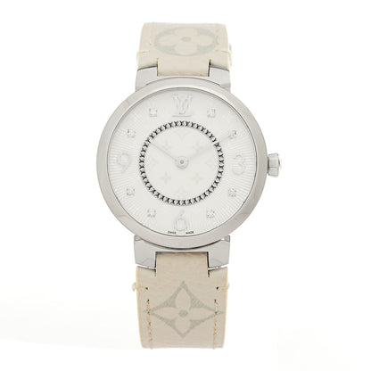 Louis Vuitton Stainless Steel Monogram Diamond 33mm Tambour Slim Quartz Watch White 1 of 4