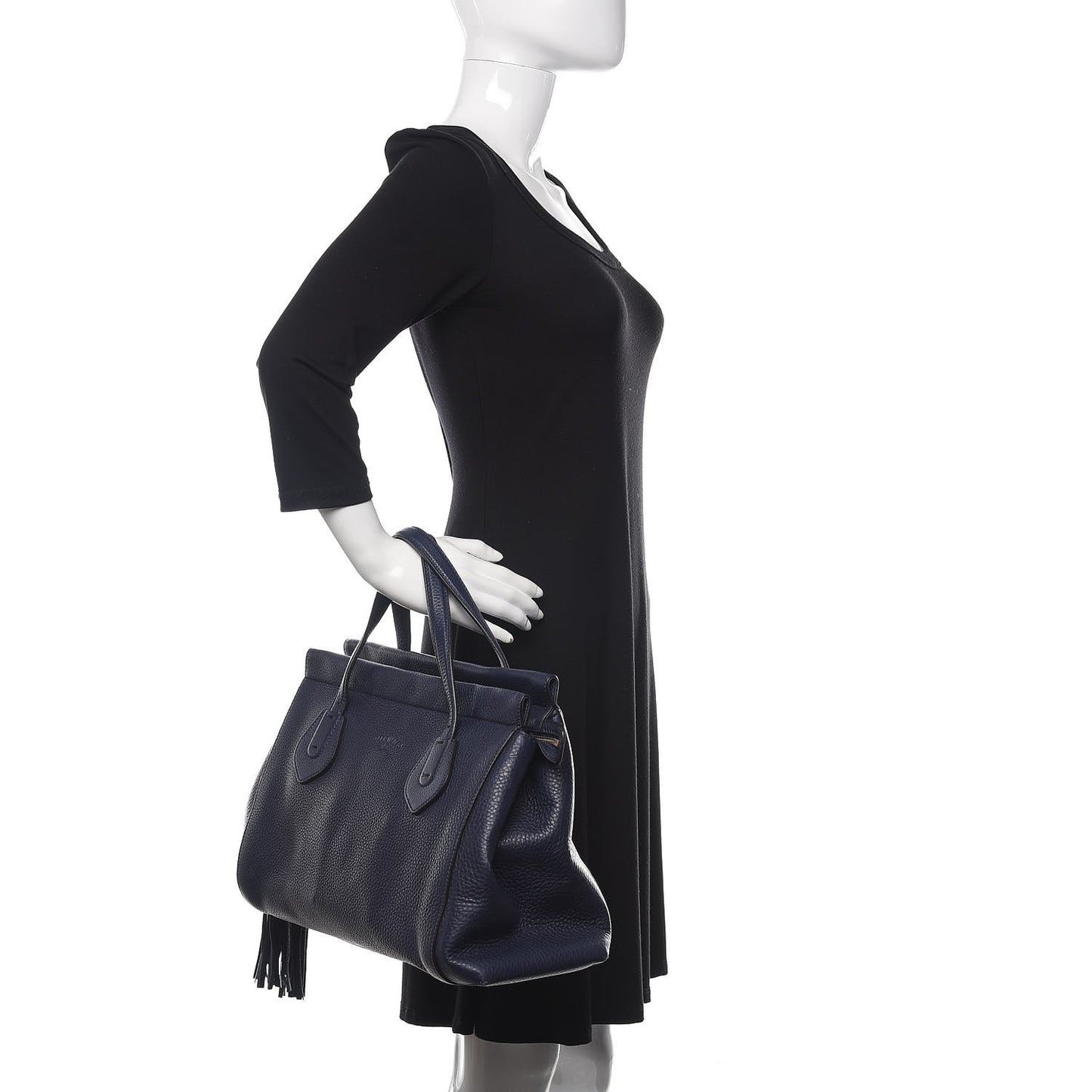 Pebbled Calfskin Large Lady Tassel Top Handle Bag Dark Blue