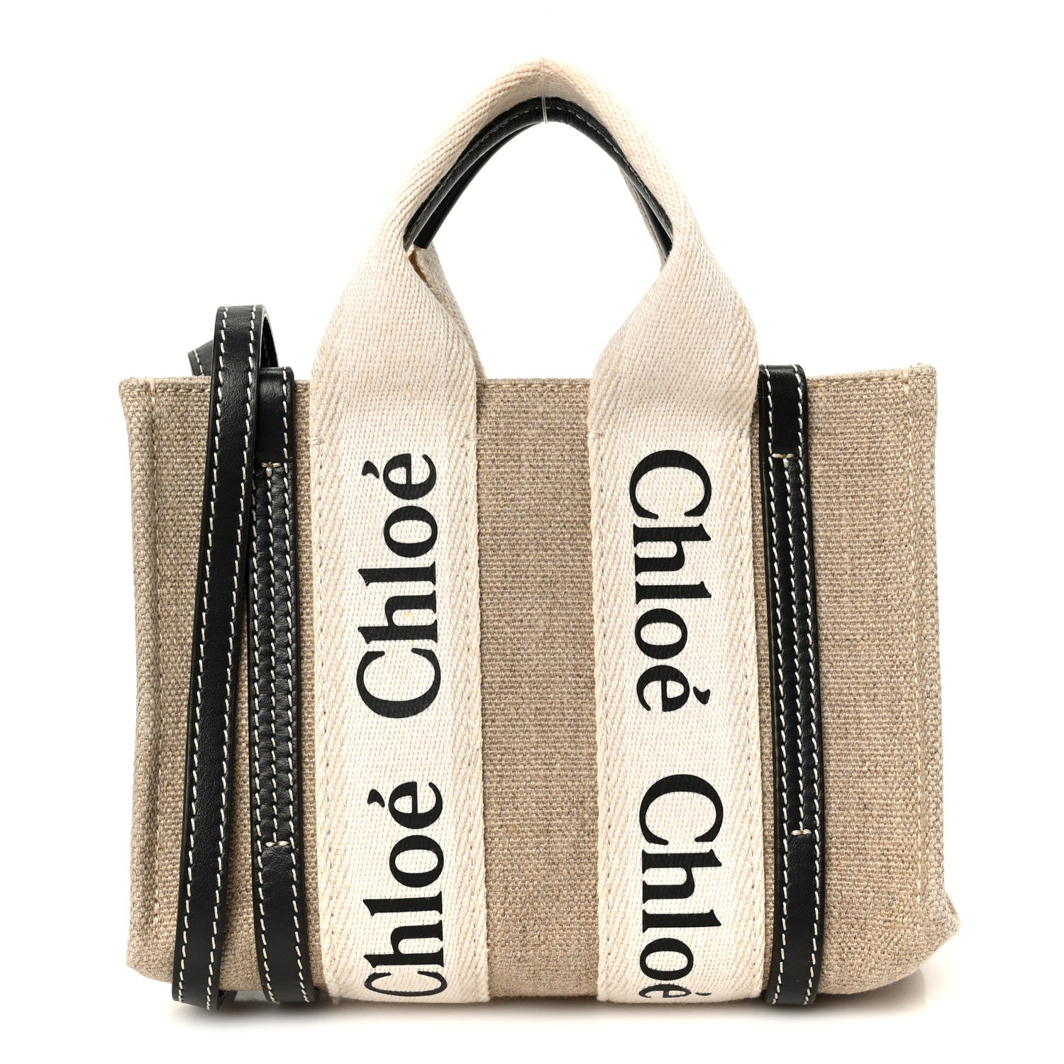 Chloe Linen Calfskin Mini Woody Ribbon Tote White Navy 1 of 10