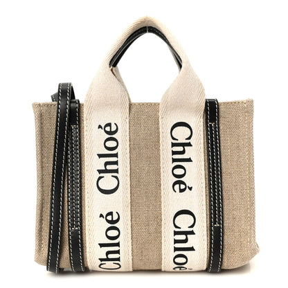 Chloe Linen Calfskin Mini Woody Ribbon Tote White Navy 1 of 10