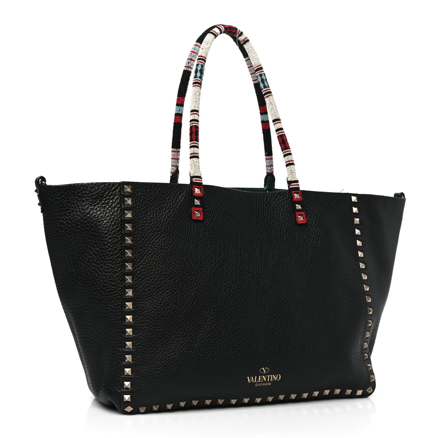 Pebbled Calfskin Beaded Rockstud Tote Black