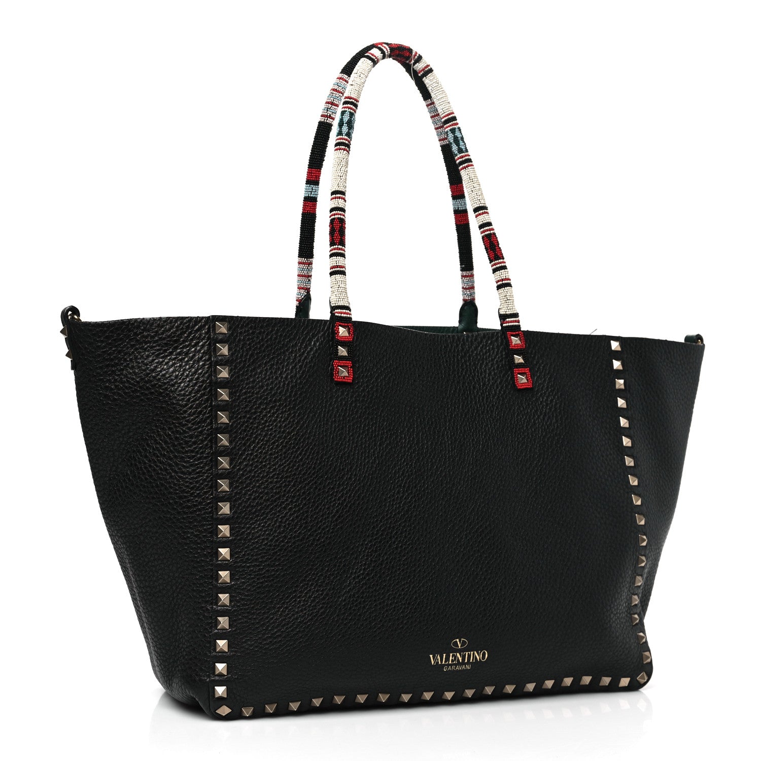Valentino Garavani Pebbled Calfskin Beaded Rockstud Tote Black 3 of 15
