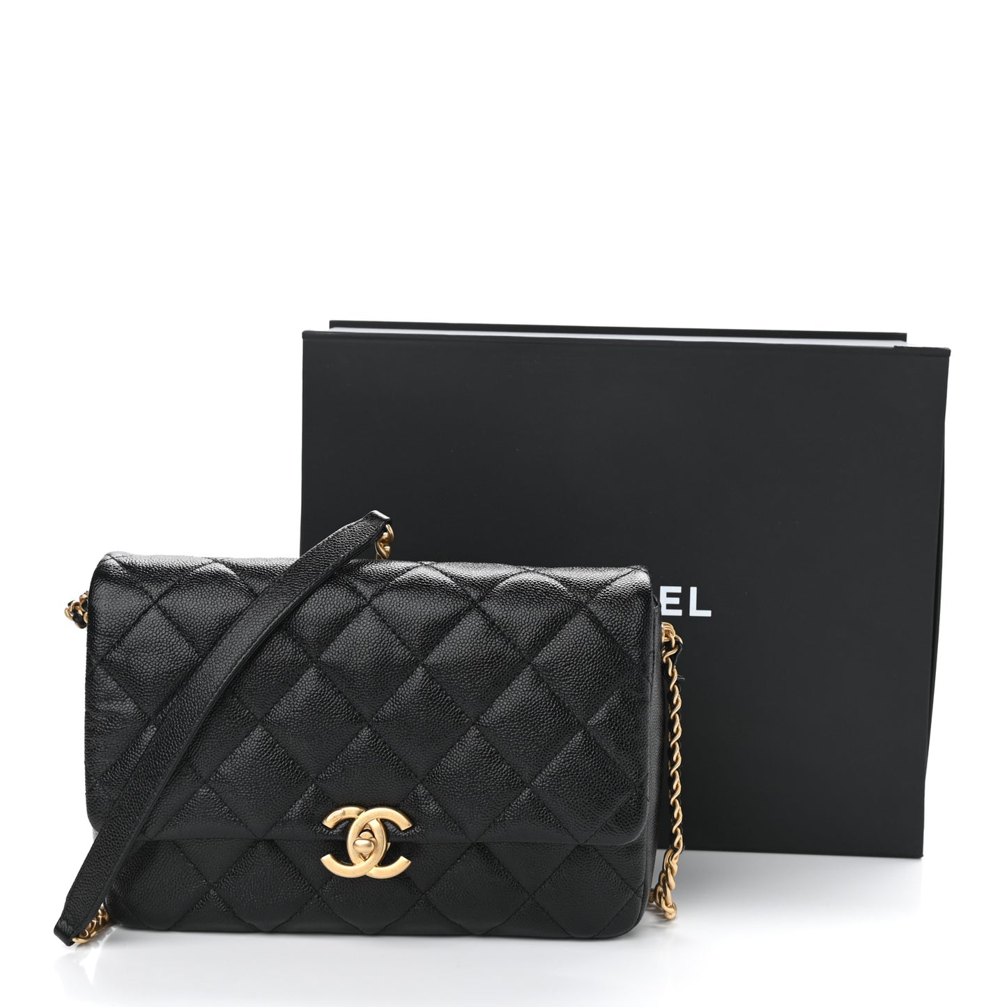 Shiny Caviar Quilted Large Chain Melody Flap Black