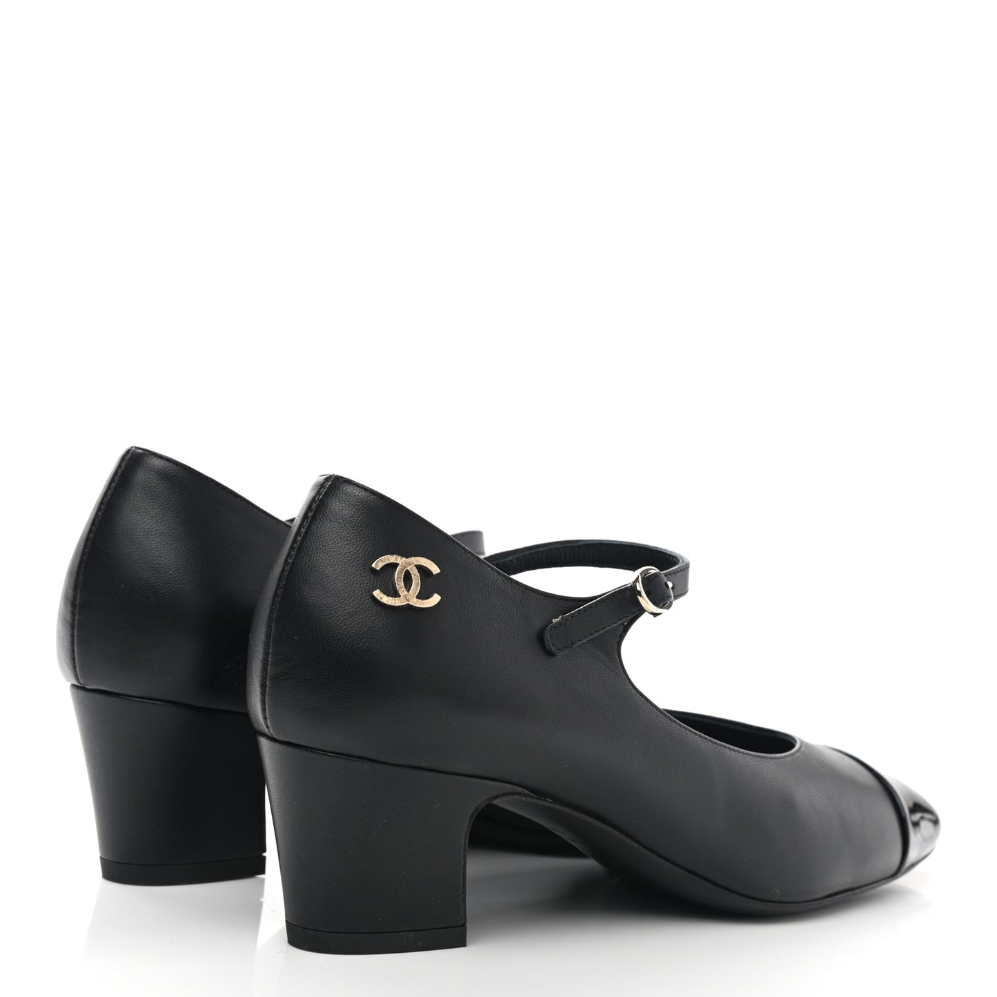 Patent Lambskin Cap Toe Mary Jane Mid Heel Strap Pumps 36 Black