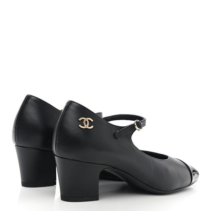 Chanel Patent Lambskin Cap Toe Mary Jane Mid Heel Strap Pumps 36 Black 7 of 20