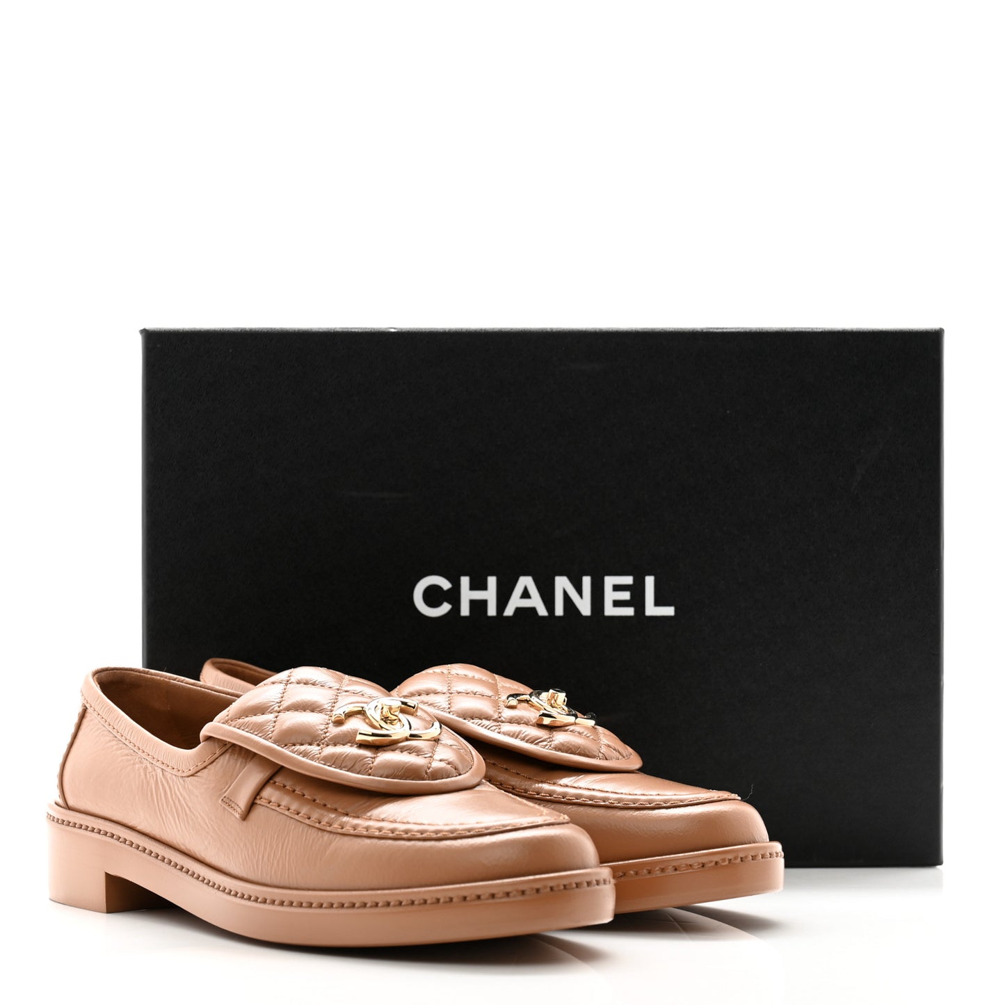 Shiny Crumpled Lambskin Quilted CC Turnlock Moccasins 38.5 Dark Beige