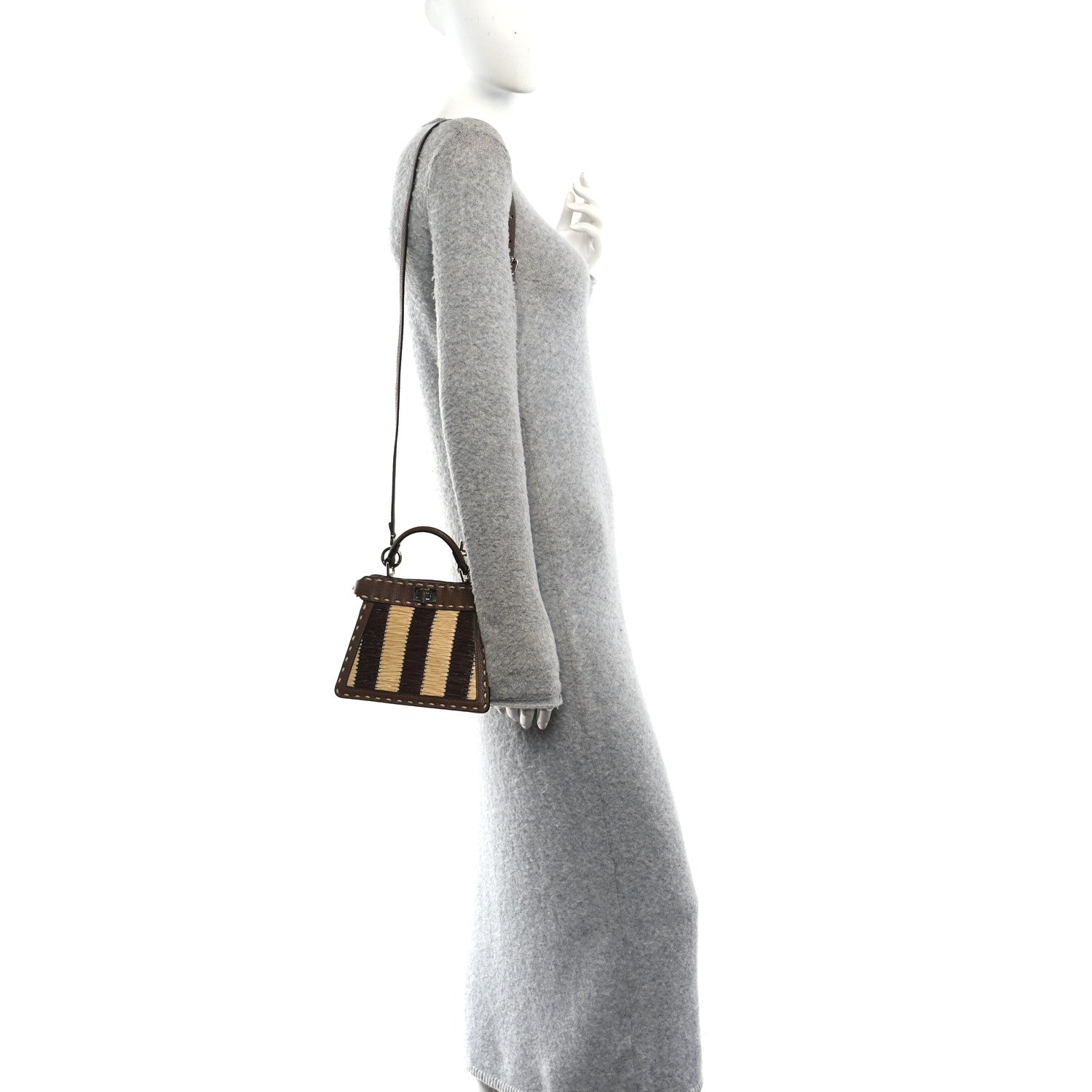 Fendi Cuoio Romano Raffia Woven Petite Peekaboo I SEE U Satchel Natural Gianduia 2 of 9