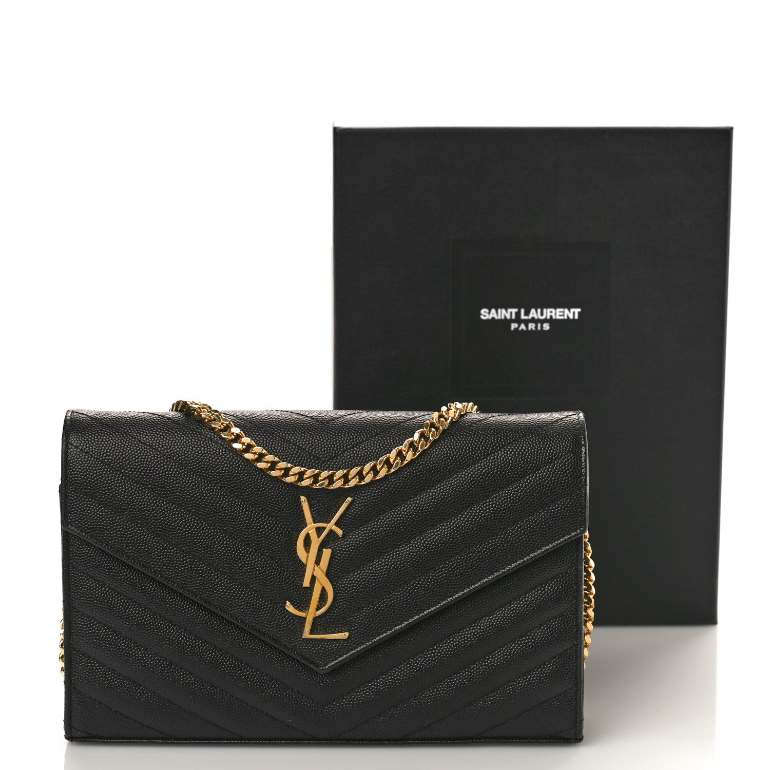Saint Laurent Grain De Poudre Matelasse Chevron Monogram Chain Wallet Black 9 of 9