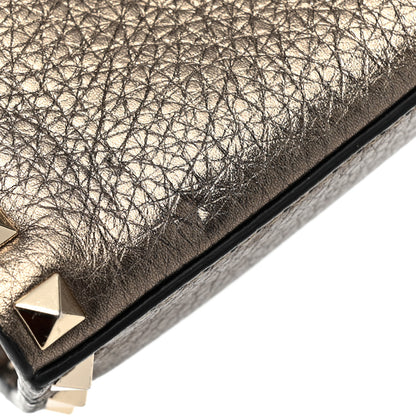 Valentino Garavani Metallic Pebbled Calfskin Small Rockstud Single Handle Flap Bag Sasso 9 of 9