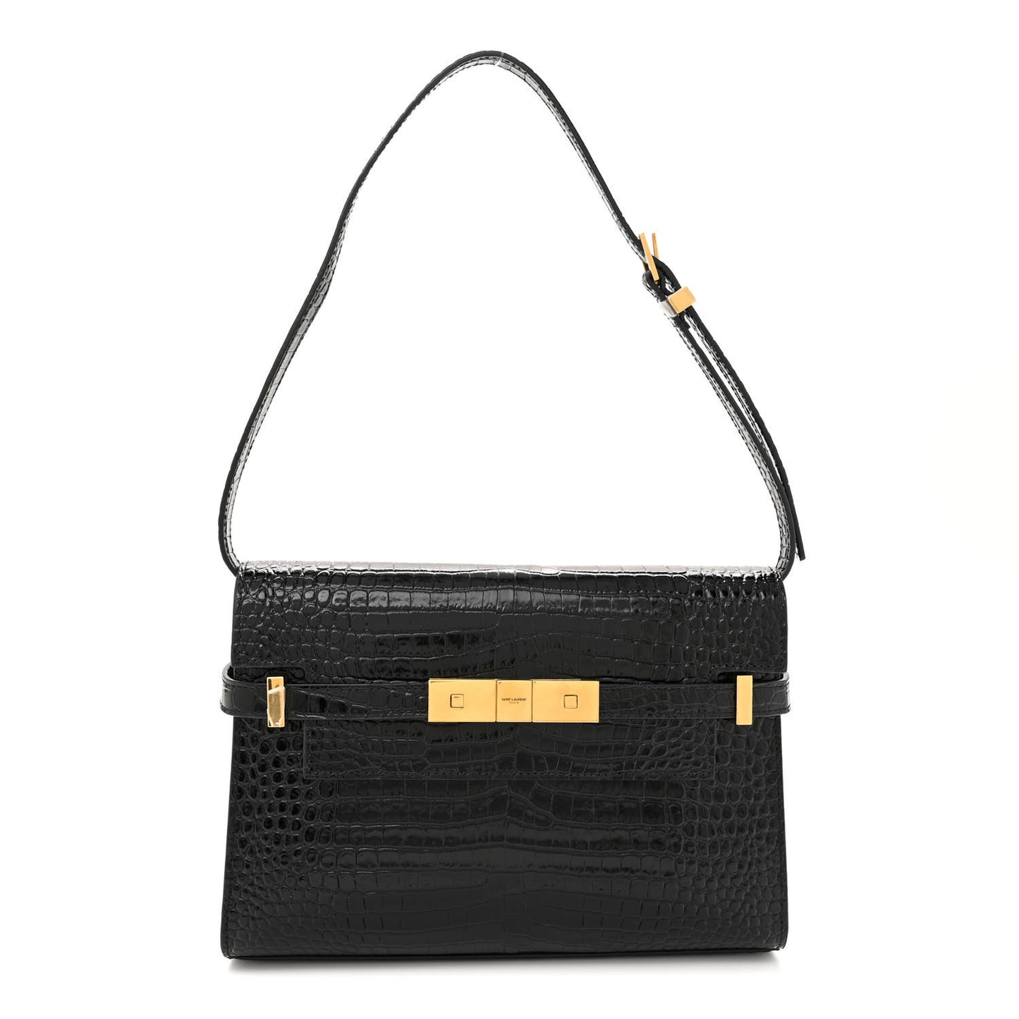 Shiny Calfskin Crocodile Embossed Small Manhattan Baguette Black