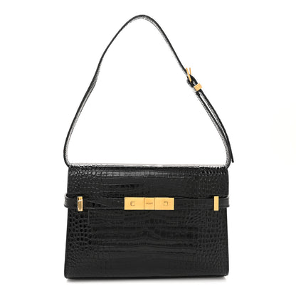 Saint Laurent Shiny Calfskin Crocodile Embossed Small Manhattan Baguette Black 1 of 10