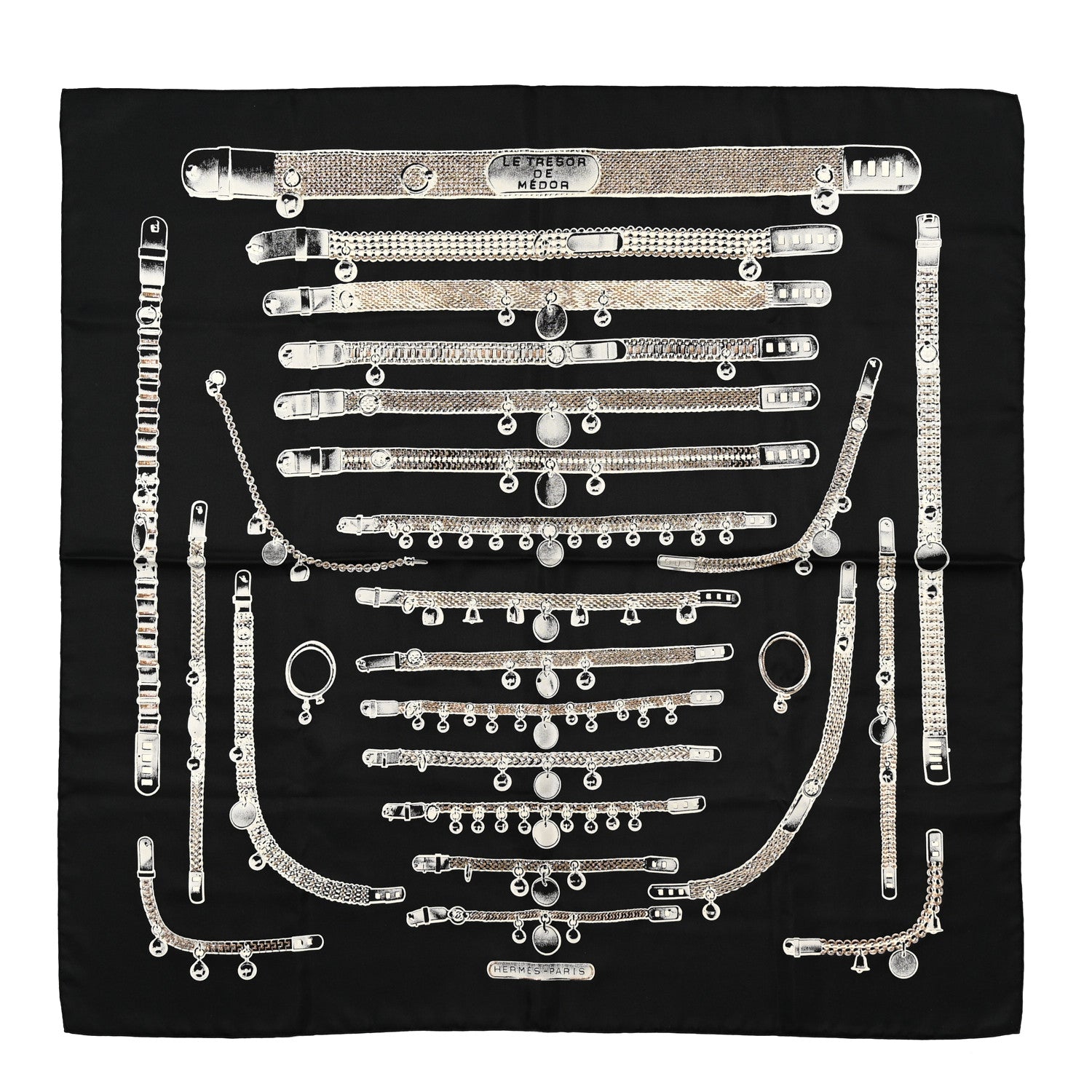 Hermes Silk Embroidered Le Tresor De Medor Scarf 90 Black White Gold 1 of 7
