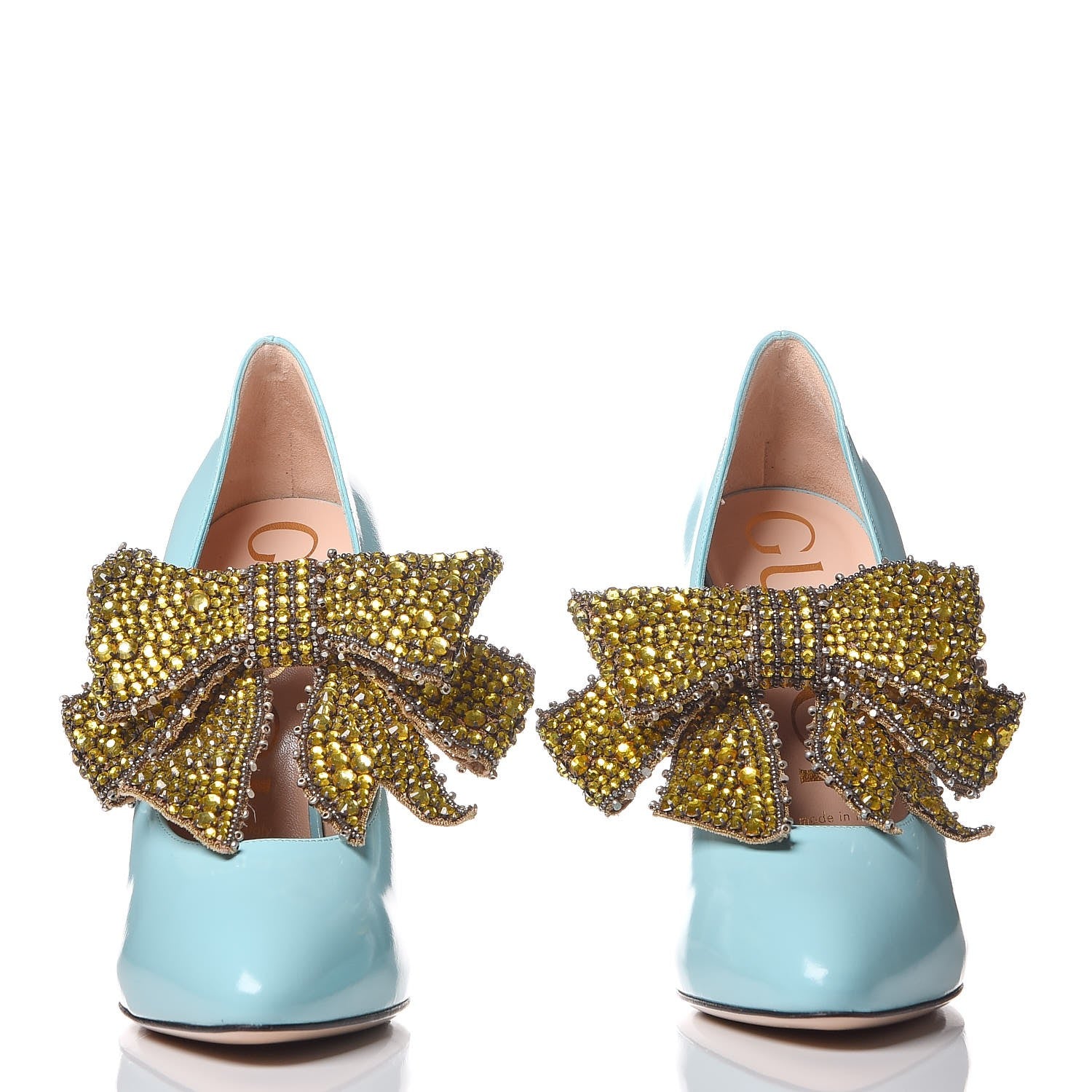 Gucci Regent Calfskin Crystal Removable Bow Elaisa Platform High Heel Pumps 37.5 New Aquamarine 3 of 9