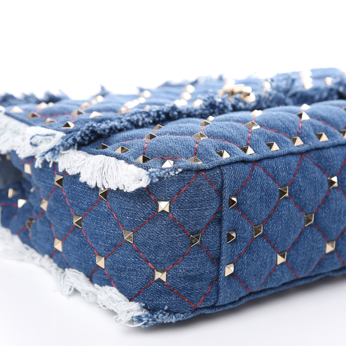 Denim Fringe Medium Rockstud Spike Shoulder Bag Blue