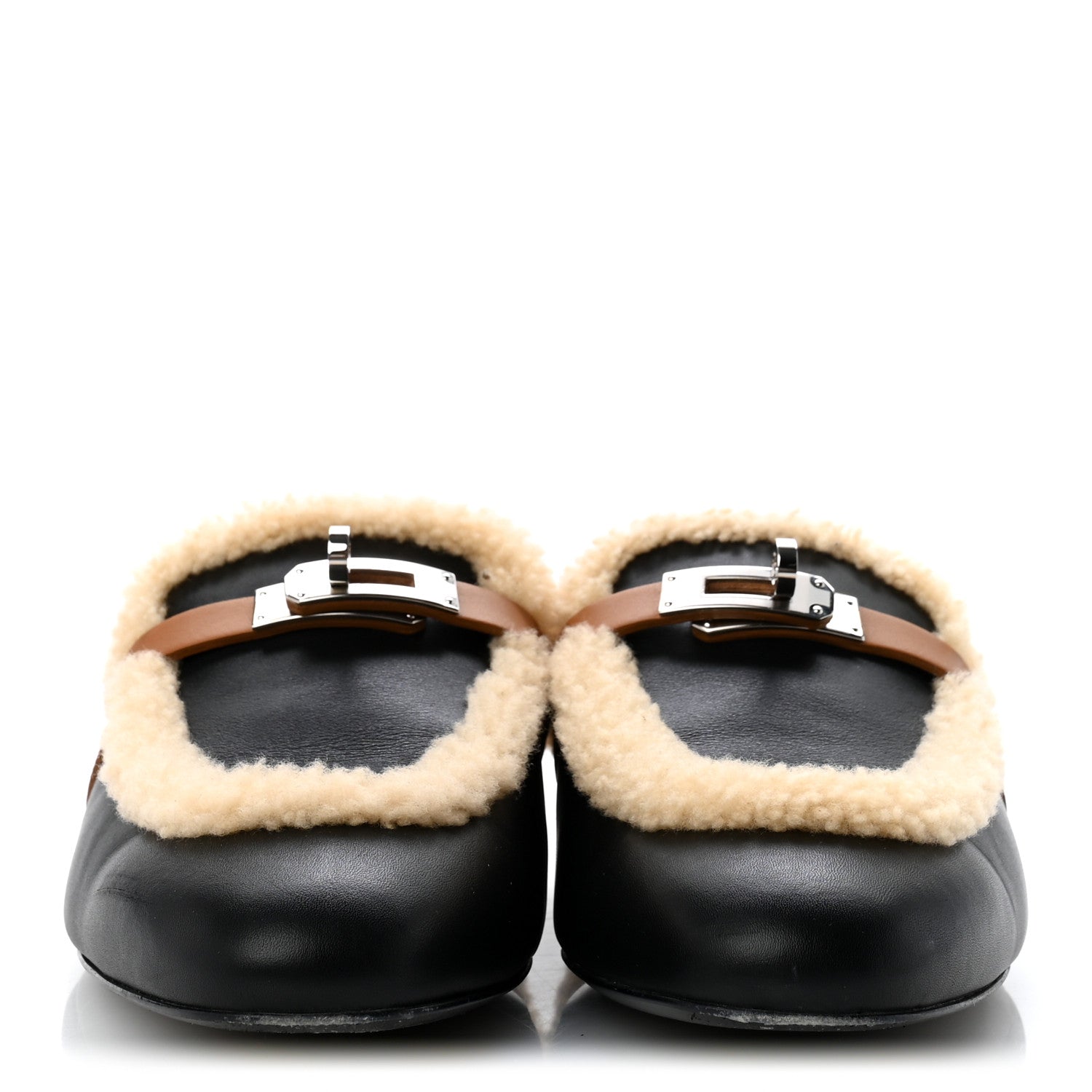 Hermes Shearling Calfskin Womens Oz Mules 40.5 Naturel Black 3 of 11