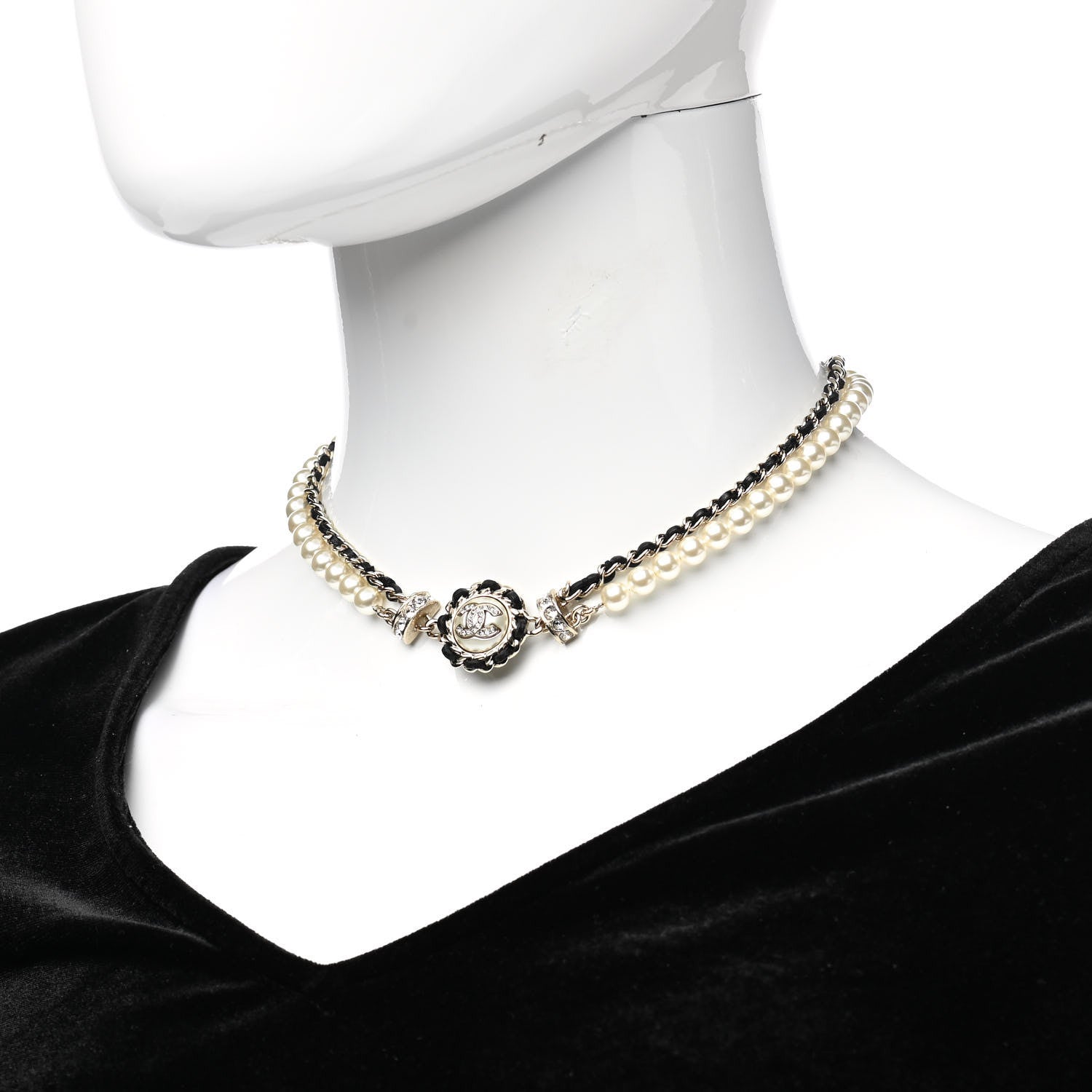Chanel Pearl Crystal Lambskin CC Choker Gold Black 1 of 5