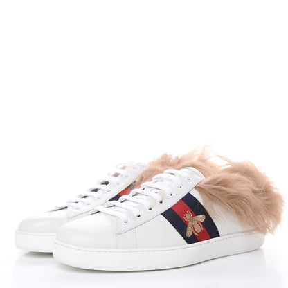 Gucci Calfskin Wool Web Bee Embroidered Mens Ace Sneakers 10 White 3 of 7