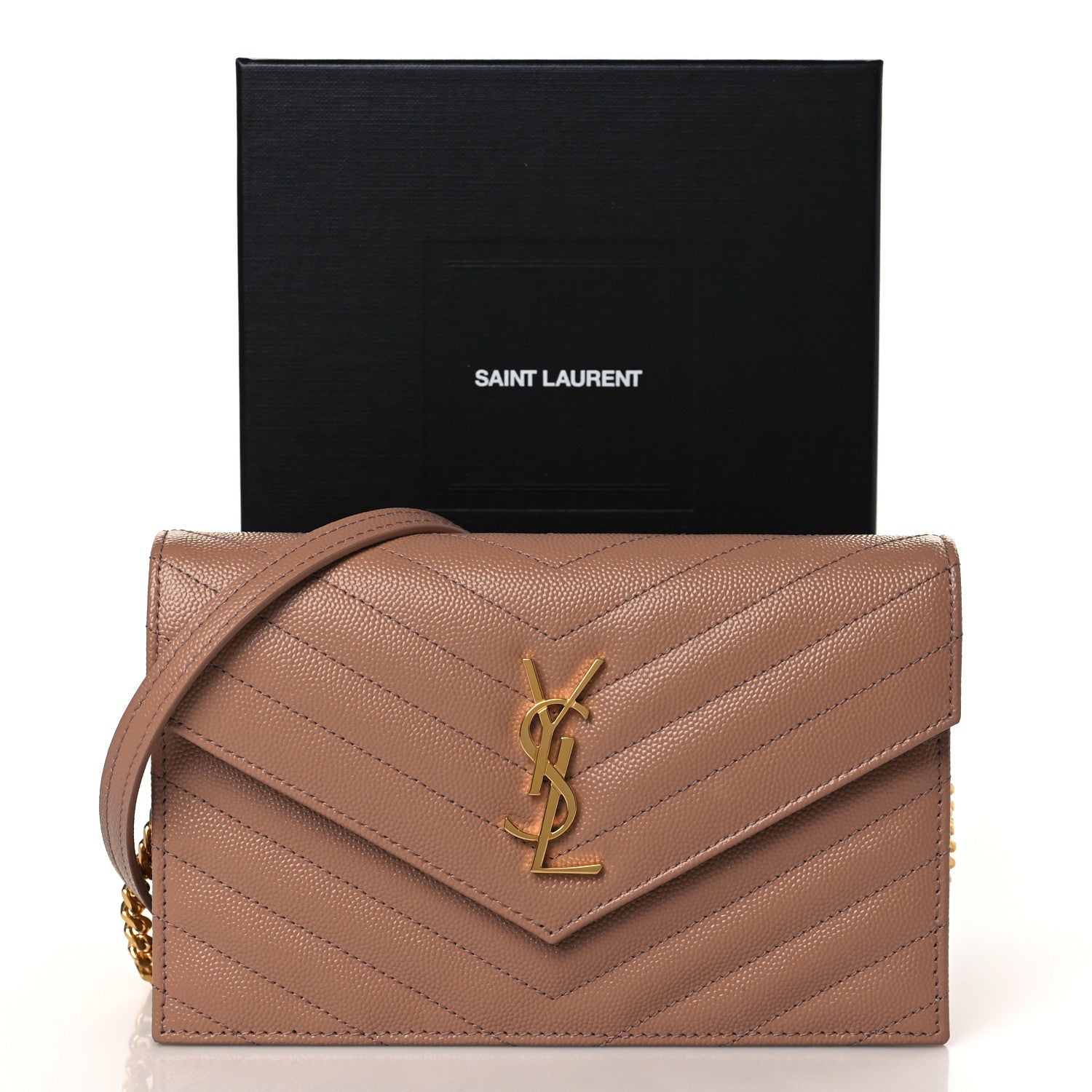 Saint Laurent Grain De Poudre Matelasse Chevron Cassandre Envelope Chain Wallet Vintage Peach 9 of 9