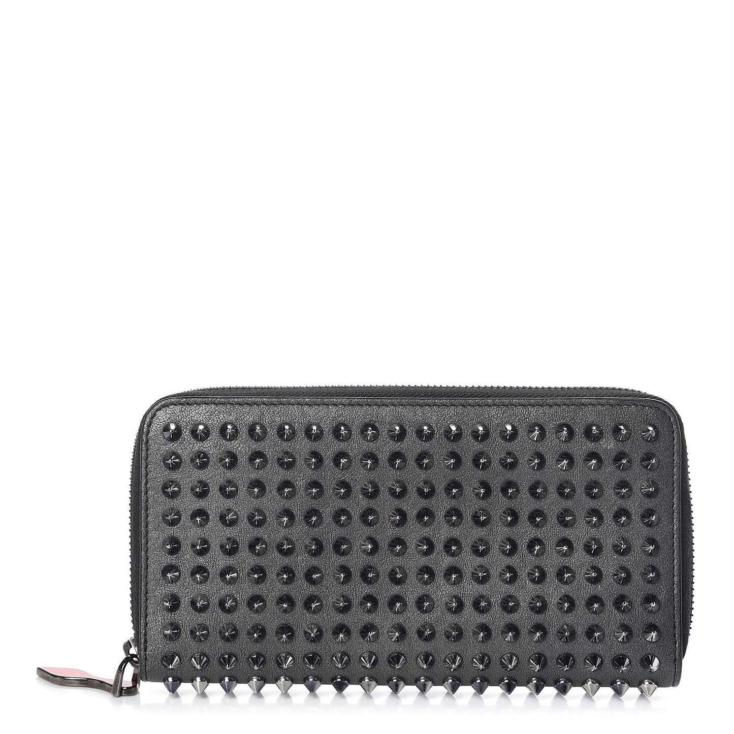 Metallic Calfskin Panettone Spiked Zip Around Wallet Anthracite Gun Metal
