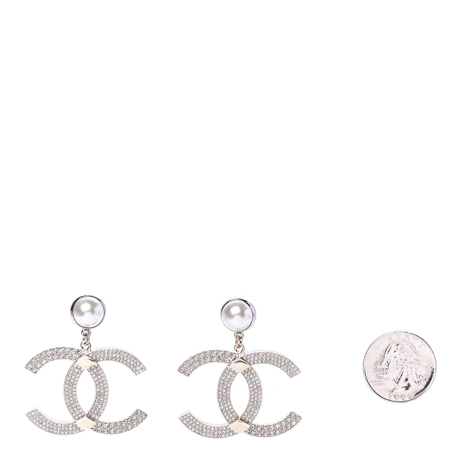 Chanel Crystal Pearl CC Drop Earrings Gold Silver 2 of 4
