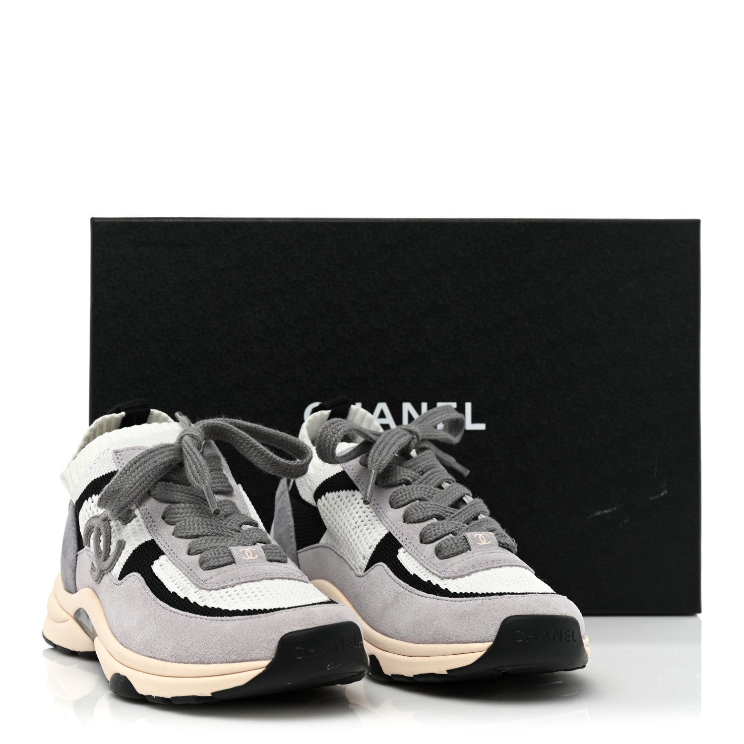 Chanel Mesh Suede Fabric Womens CC Sneakers 36.5 White Black Purple Dark Purple 10 of 10