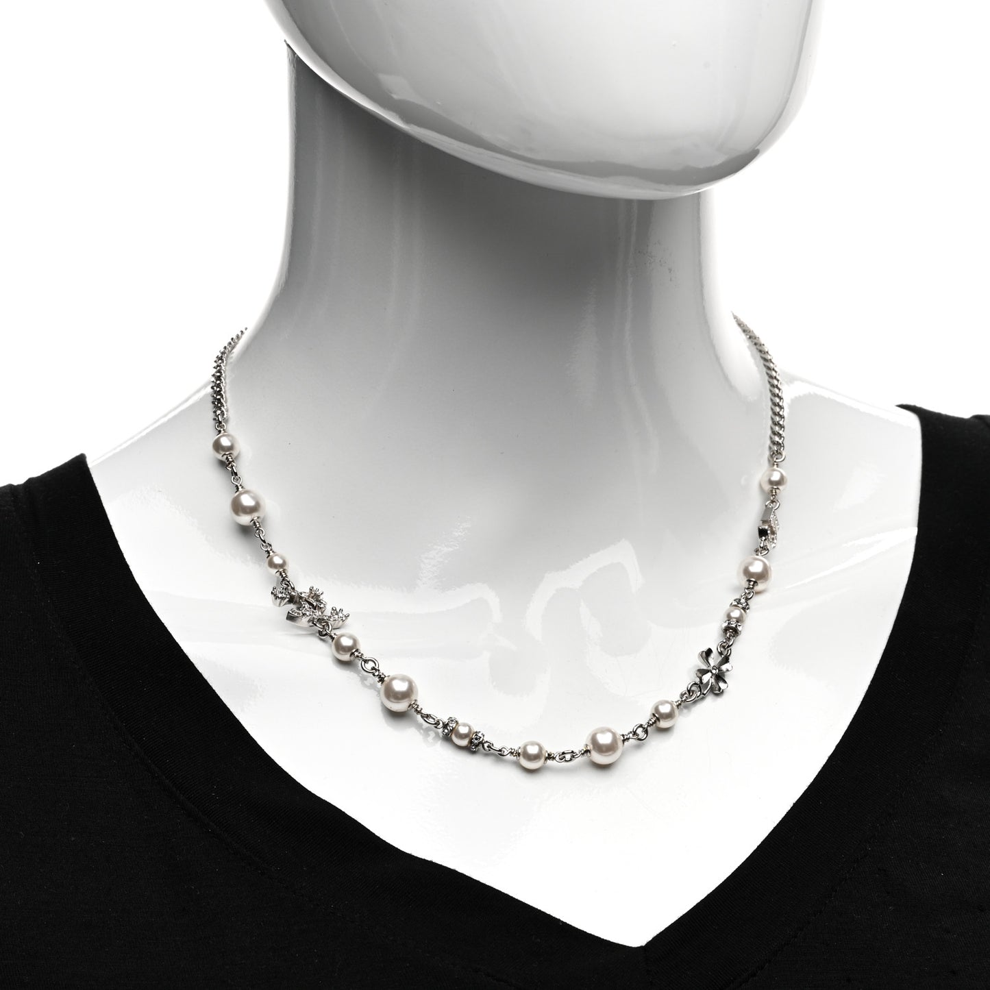 Crystal Pearl Star 5 CC Necklace Silver