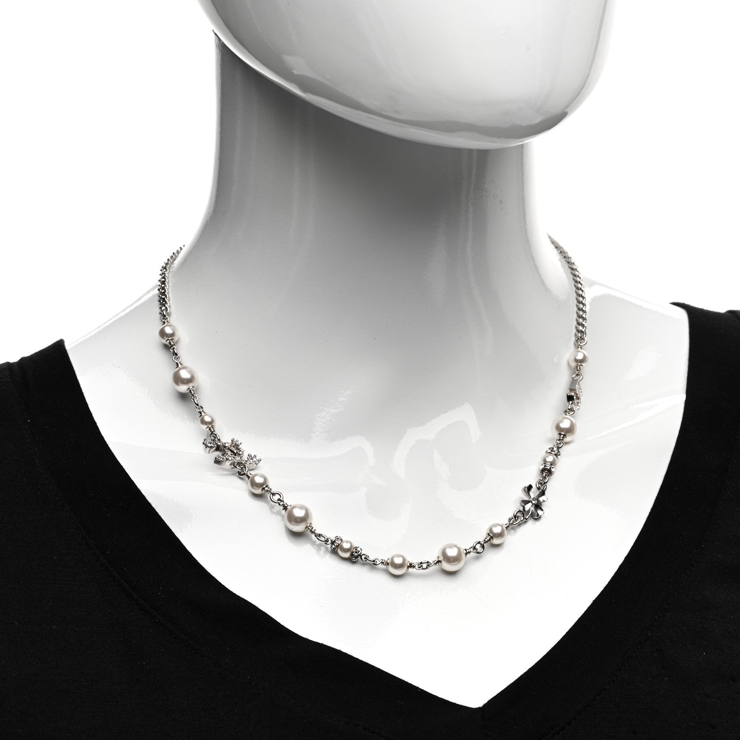Chanel Crystal Pearl Star 5 CC Necklace Silver 2 of 5