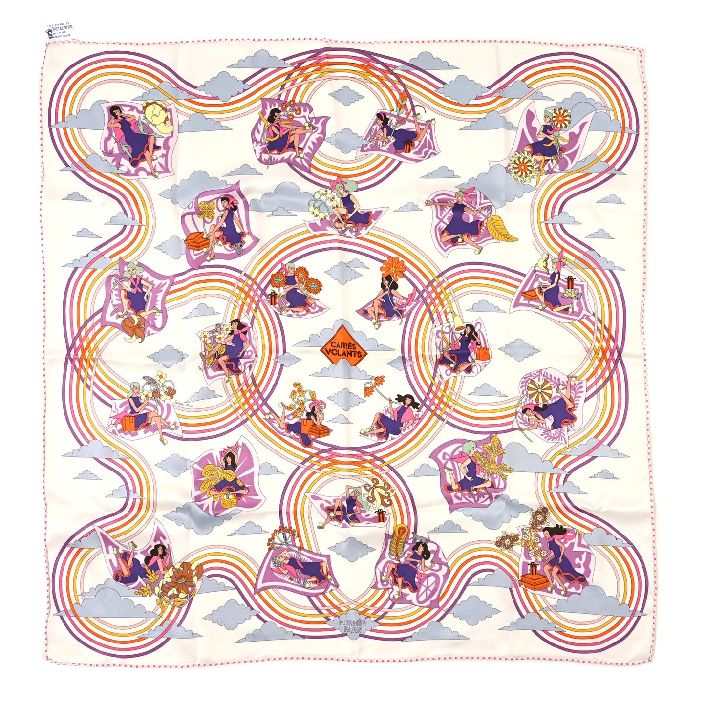 Silk Carres Volants Scarf 70 White Violet Orange