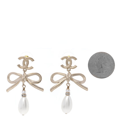 Chanel Pearl Crystal CC Bow Drop Earrings Gold Pearly White 2 of 5