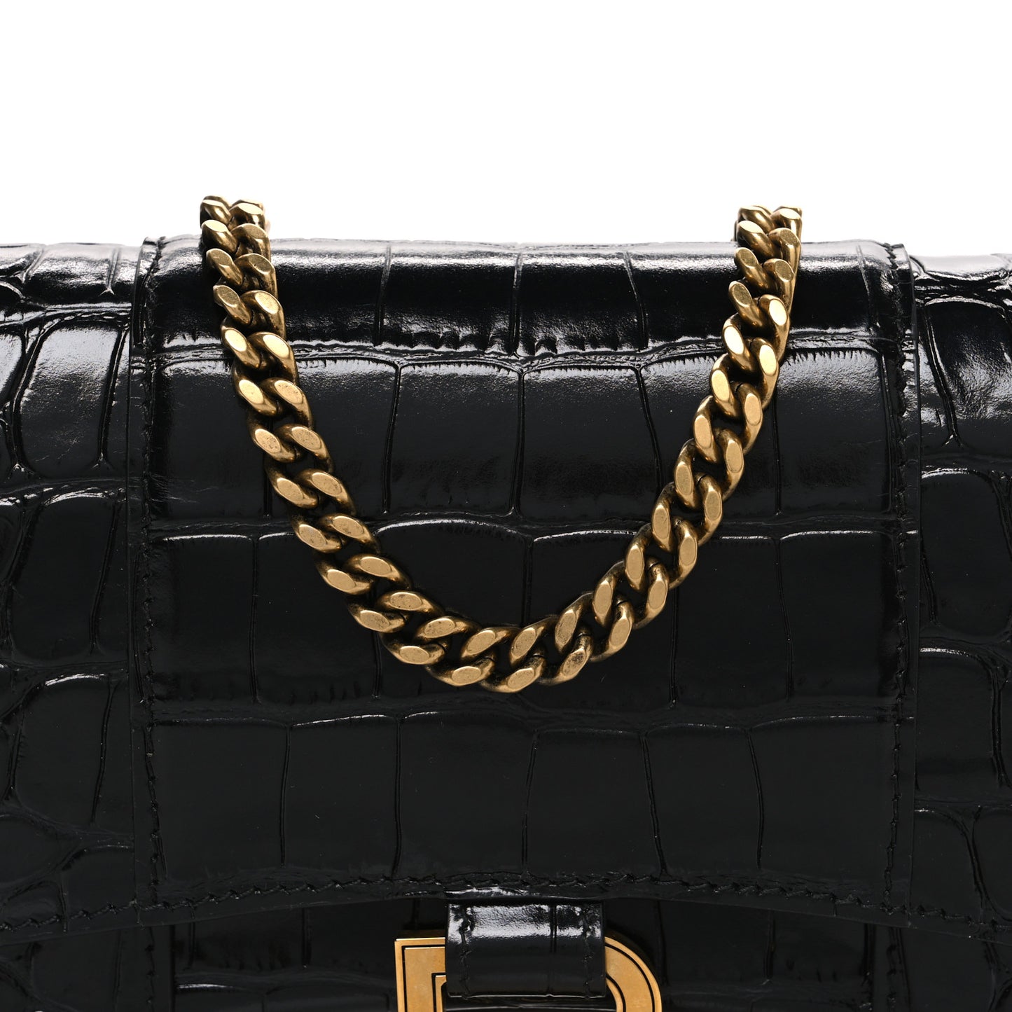 Shiny Calfskin Crocodile Embossed Hourglass Chain Bag Black